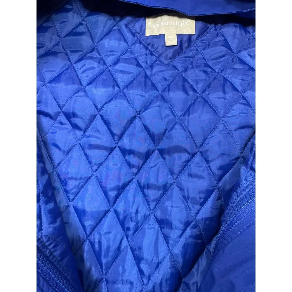 Woman Within Plus Sz Parka Sz 5X 38/40 Blue Full Zip Faux Fur Hood Quilted Liner